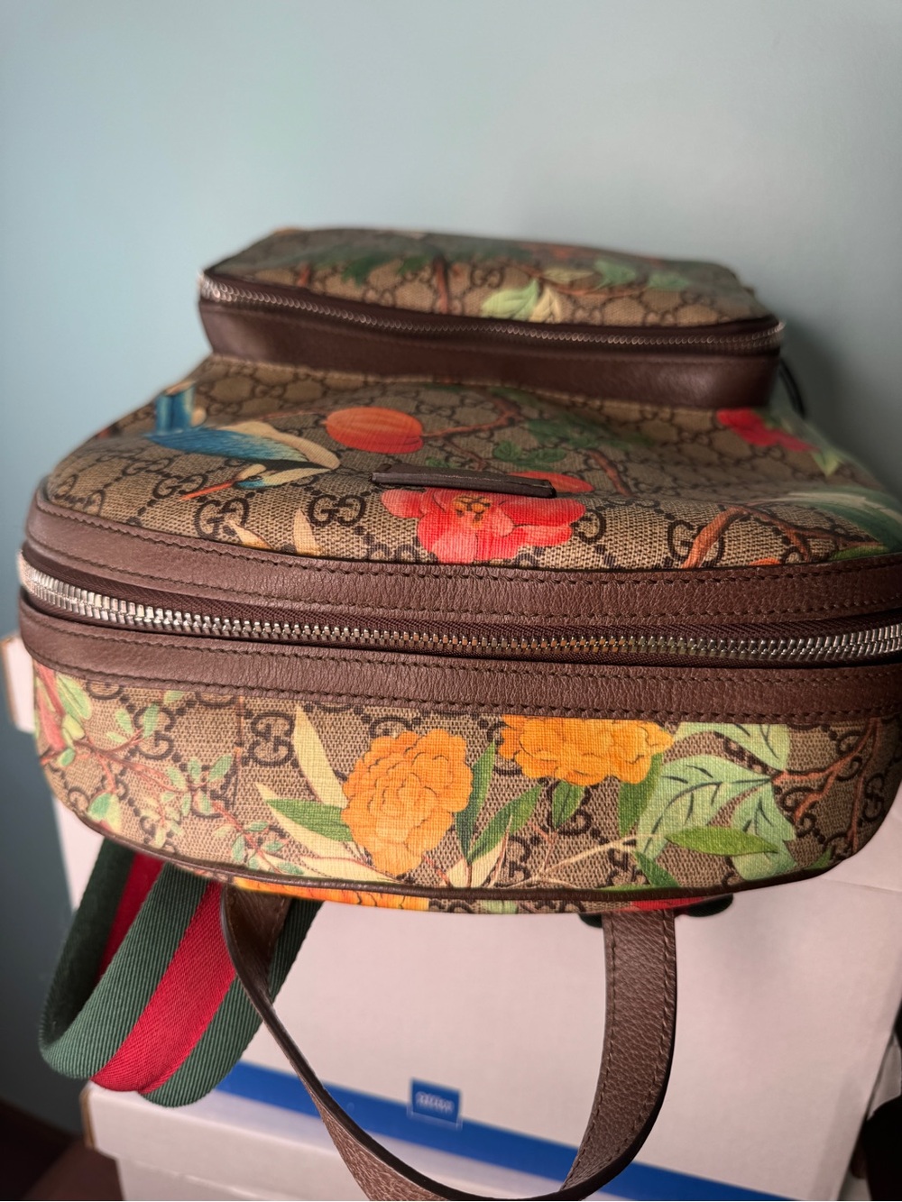 Gucci Brown GG Supreme Floral & Bird Canvas Backpack with Blue Accents - Picture 7 of 13